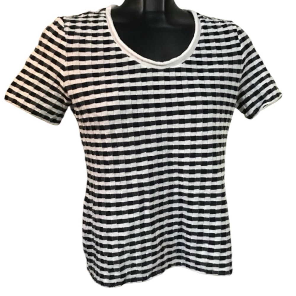 Emporio Armani Textured Striped Top Sweater Lightweight Knit Stretch Crew Neck M